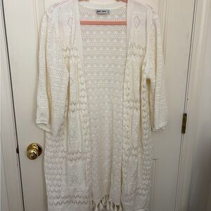 Grace Karin Cream Crochet Open-Front Duster Cardigan